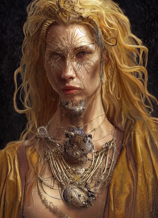 Image similar to mutant weaver with hundreds of gemencrusted golden necklaces, physically accurate, moody dynamic lighting, very very intricate, very very elegant, highly detailed, digital painting, artstation, HR GIGER, Hieronymus Bosch, Francis Bacon, concept art, smooth, very beautiful, sharp focus, illustration, art by artgerm and greg rutkowski and alphonse mucha