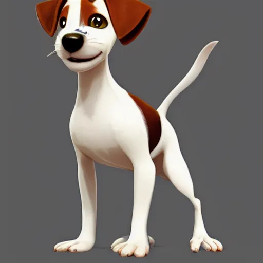 Image similar to jack russel terrier surprised, pixar style, concept art, character turnaround, trending on artstation, childrens illustrated storybook, by alphonse mucha and cory loftis and matthias lechner