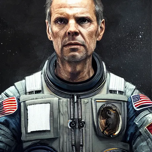 Prompt: portrait of a man by greg rutkowski, michael biehn as an space security officer, he is about 6 0 years old, military composure, wearing the tactical gear of weyland company, highly detailed portrait, digital painting, artstation, concept art, smooth, sharp foccus ilustration, artstation hq