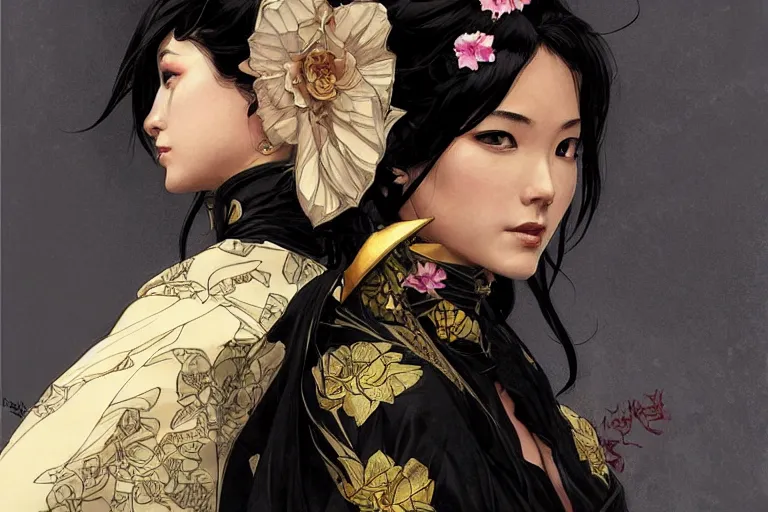 Prompt: cassandra cain wearing a black flower kimono!!!, attractive, modern, victoria's secret, highly detailed, digital painting, artstation, concept art, smooth, sharp focus, illustration, art by artgerm, greg rutkowski and alphonse mucha