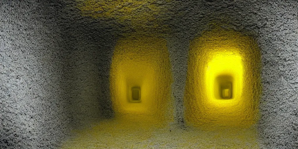Prompt: nostalgic hyper liminal photo, yellow sponge with many pathways inside each hole, tunnels lead to different memories, surreal, ominous creature hiding detailed, high definition, mysterious, low quality photo, surrealist depiction of a normal sponge, trending, m. c. esher