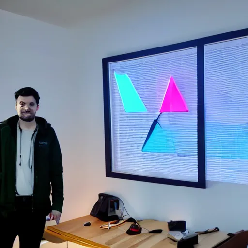 Image similar to a daytrader named jay standing proudly in front of triangular nanoleaf led lights on his wall