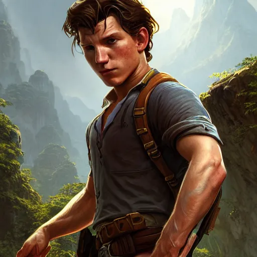 Prompt: Tom Holland as Nathan Drake, western, D&D, fantasy, intricate, elegant, highly detailed, digital painting, artstation, concept art, matte, sharp focus, illustration, art by Artgerm and Greg Rutkowski and Alphonse Mucha