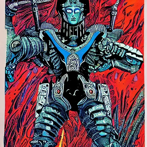 Prompt: Ashor, the Hero of Layban, Illustrated Poster, by Philippe Druillet #lunarpunk