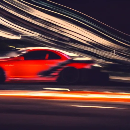 Prompt: JDM cars drifting on Carbon Canyon at night, high speed motion photography