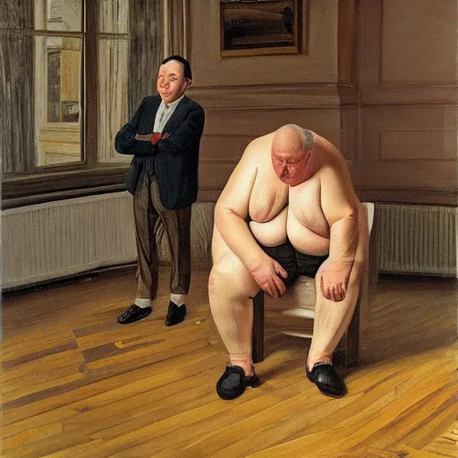 Prompt: a man, slightly overweight, standing in the middle of an empty room thinking about what he's going to do next, by lucian freud and jenny saville