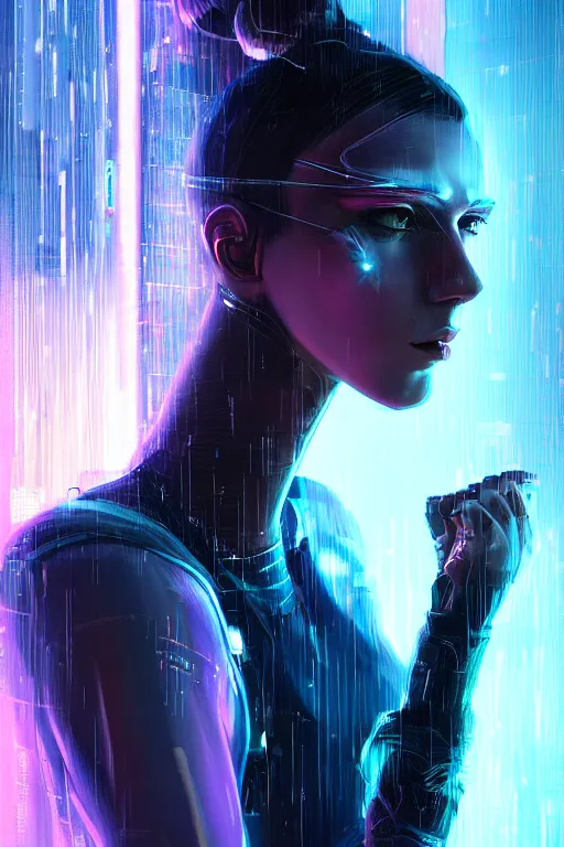 Image similar to portrait futuristic sensual cyberpunk young female Mage, in futuristic rainny thunder flashing tokyo rooftop cyberpunk night, ssci-fi, fantasy, intricate, very very beautiful, elegant, neon light, highly detailed, digital painting, artstation, concept art, soft light, hdri, smooth, sharp focus, illustration, art by tian zi and craig mullins and WLOP and alphonse mucha