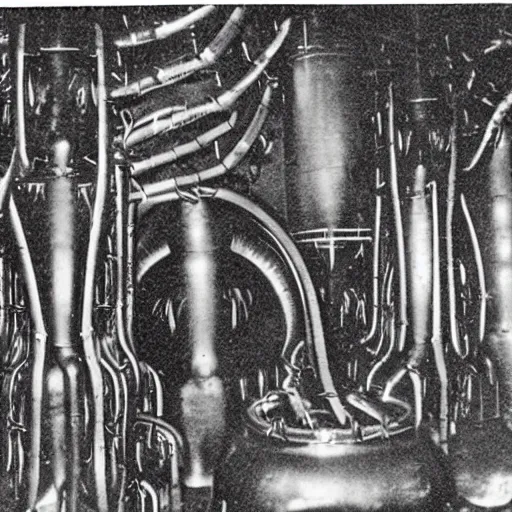 Prompt: old black and white photo, 1 9 1 3, depicting biomechanical aliens inside vats, historical record