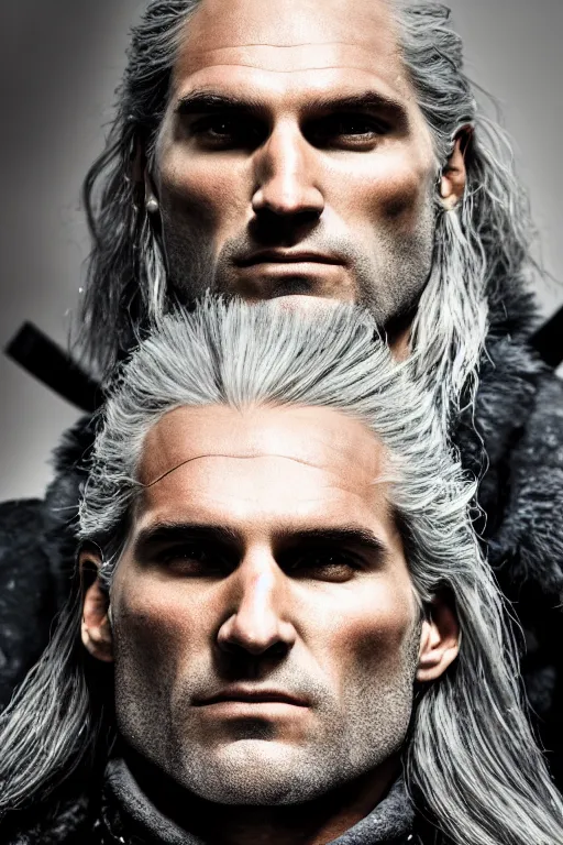 Image similar to portrait of geralt of rivia, 5 5 mm lens, professional photograph, times magazine, serious, stern look, zoomed out