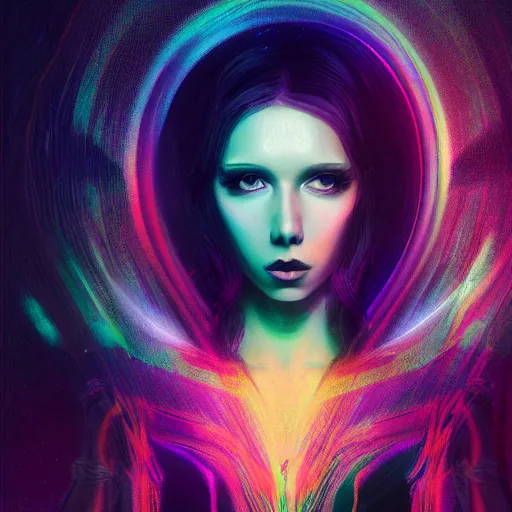 Image similar to long Shot of psychedelic Black widow standing in mysterious chromatic astral temple , stylish, lsd, soft, cinematic, artwork by WLOP