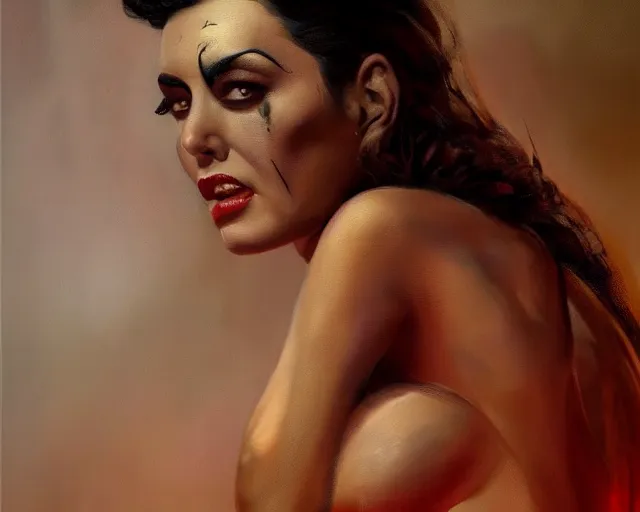 Prompt: beautiful pin up painting of monica bellucci as frankenstein, sexy, realistic, shallow focus background, detailed, 8 k, artstation, dramatic lighting