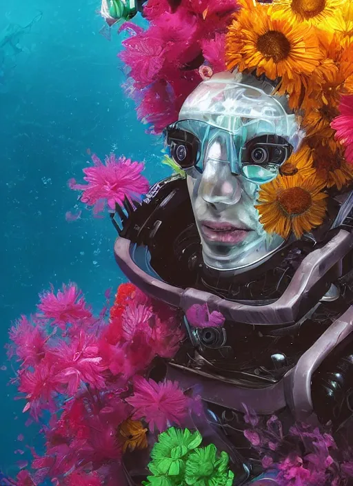 Prompt: closeup, underwater digital painting of a robot wearing a suit made of flowers, cyberpunk portrait by Filip Hodas, cgsociety, panfuturism, abstract expressionism, scribbles, made of flowers, dystopian art, vaporwave, anaglyph, #glitchart