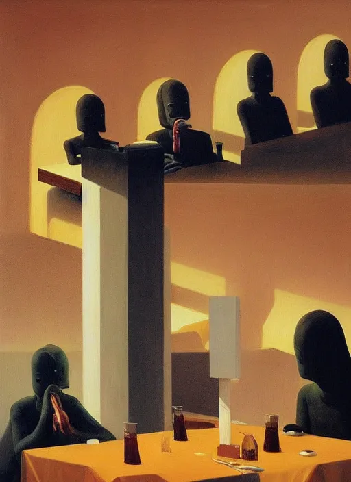 Prompt: faceless people at restaurant Edward Hopper and James Gilleard, Zdzislaw Beksinski highly detailed