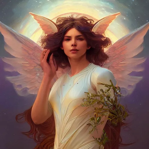 Image similar to a female angel floating in cosmos, intricate, highly detailed, digital painting, artstation, concept art, smooth, sharp focus, illustration, unreal engine 5, 8 k, art by artgerm and greg rutkowski and alphonse mucha