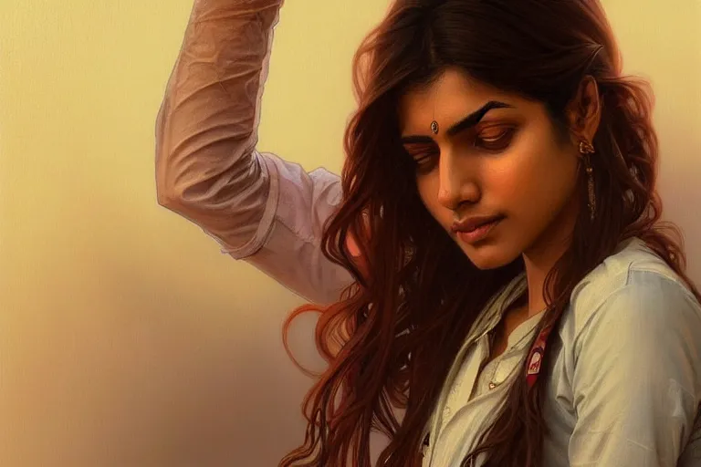 Image similar to Anxious pretty pale young Indian doctor wearing jeans at the airport, portrait, elegant, intricate, digital painting, artstation, concept art, smooth, sharp focus, illustration, art by artgerm and greg rutkowski and alphonse mucha