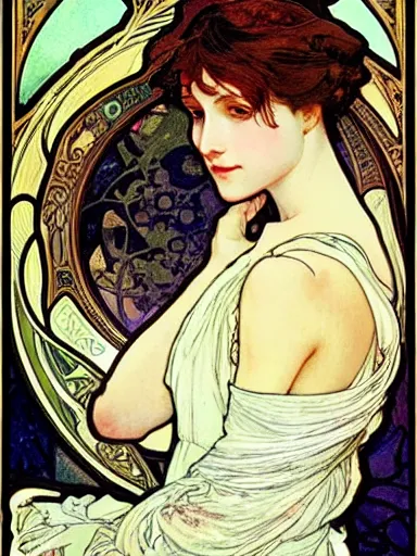 Image similar to a beautiful painting of a lady by Alphonse Mucha and by Mark Brooks and by john william waterhouse and by arthur rackham, Art Nouveau, Neo-Gothic, gothic, award winning painting, hyperdetailed, detailed