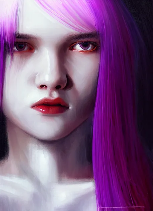 Image similar to hair whitebangs hair, black hair, whitebangs, portrait of teenage girl with white bangs, red irises, purple clothes, white bangs, bangs are different color from hair, intricate, elegant, glowing lights, highly detailed, digital painting, artstation, concept art, smooth, sharp focus, illustration, art by wlop, mars ravelo and greg rutkowski