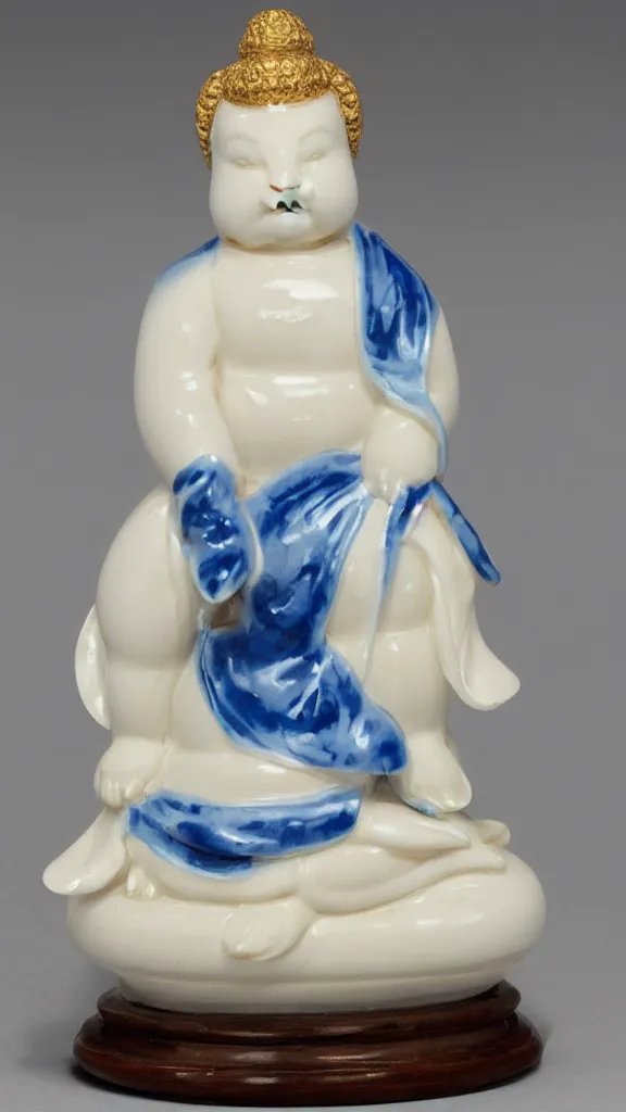 Prompt: porcelain rabbit budda statue with blue arabesque details painted by john singer sargent