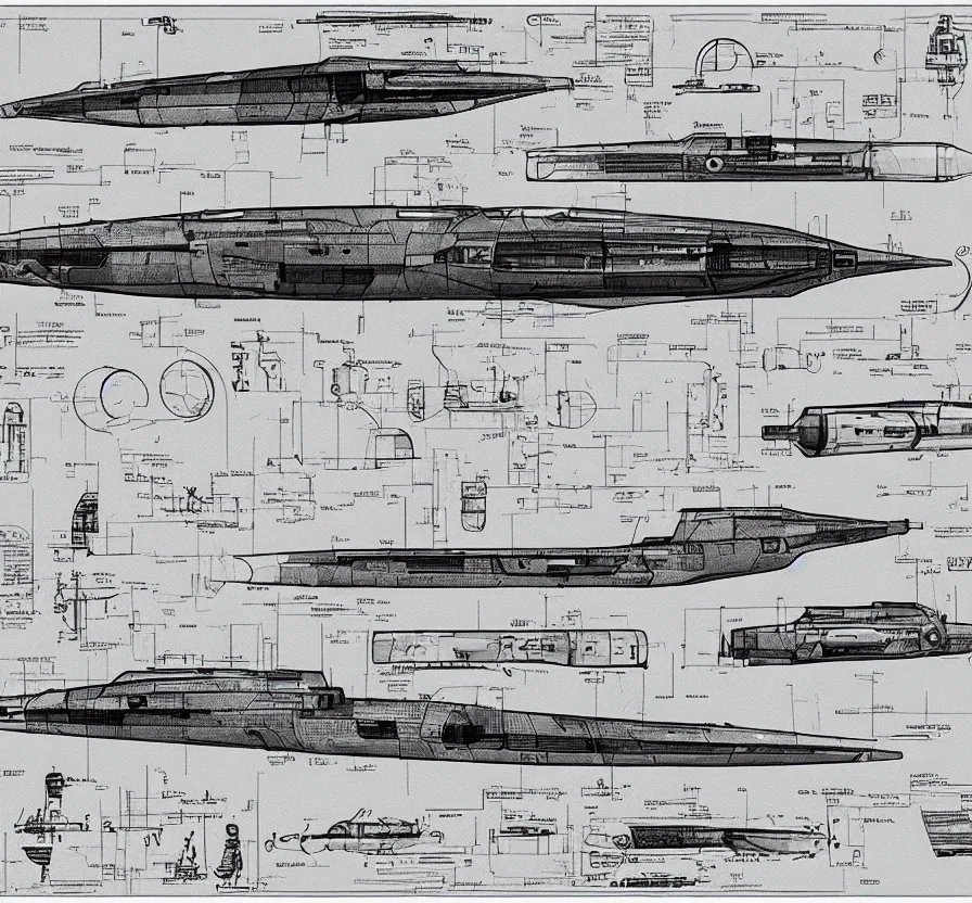 Prompt: technical drawing, illustration of submarine, sci - fi, vintage, high detail, scheme, submarine, torpedo, dreadnaught