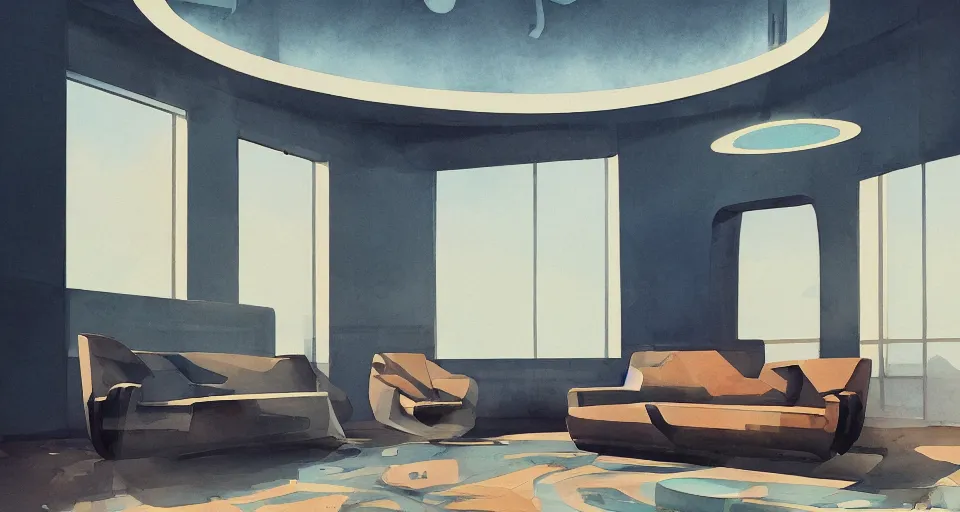 Image similar to a beautiful illustration of futuristic interior hall, lots of furniture, sofa, waiting room, big medium small, sacred geometry, golden ratio, in watercolor gouache detailed paintings, in style of syd mead, trending on artstation,8k, panel, hard surface, vent, zaha hadid, props, plant, cozy,decoration around the room