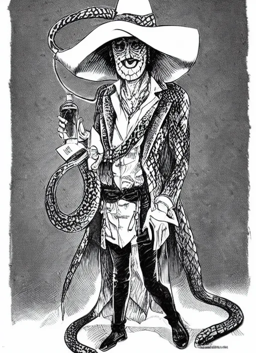 Image similar to portrait of a snake oil salesman wearing a snake suit and wide brimmed hat offering you a bottle of serum formula, art by Kentaro Miura, it idn't greasy