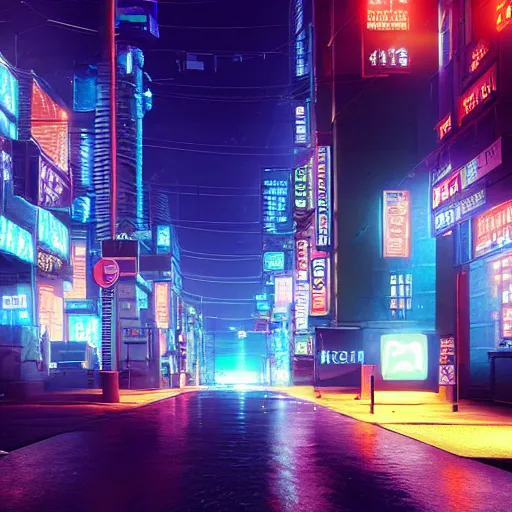 Prompt: a digital painting of a city street at night, cyberpunk art by makoto shinkai, tumblr, photorealism, matte painting, rendered in unreal engine, rendered in cinema 4 d