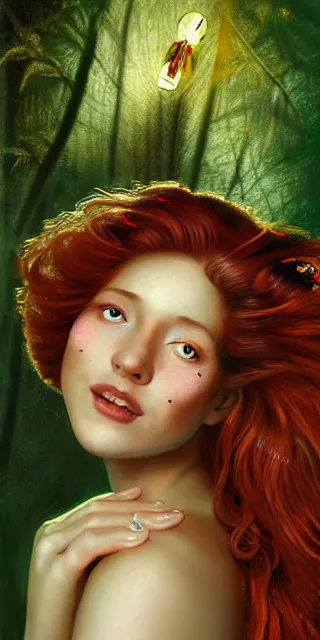 Image similar to serene young woman cheeky smile, surrounded by golden firefly lights, amidst nature fully covered by a intricate detailed dress, long red hair, precise linework, accurate green eyes, small nose with freckles, smooth oval shape face, empathic, expressive emotions, nocturnal spiritual scene, hyper realistic ultrafine art by artemisia gentileschi, jessica rossier, boris vallejo