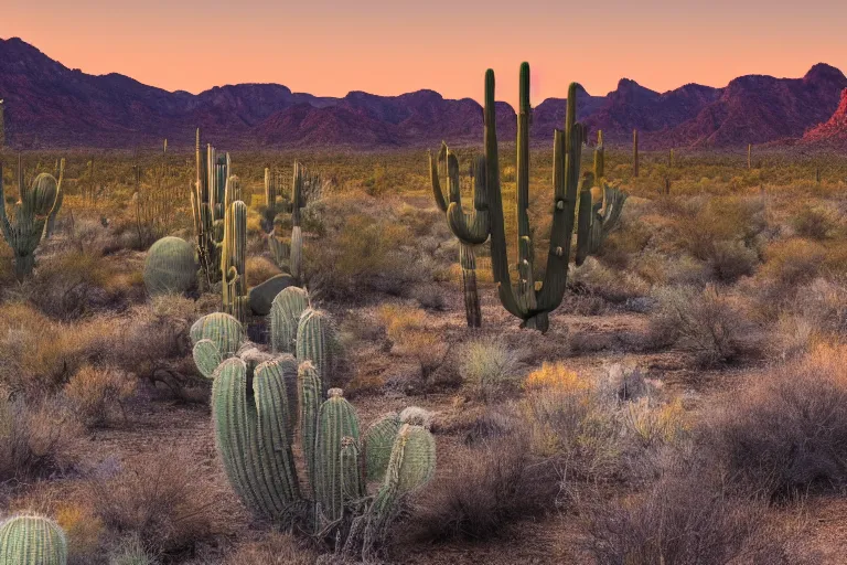 Image similar to beautiful landscape photography of an Arizona desert, dramatic lighting, cactus, lake, nighttime, moon,