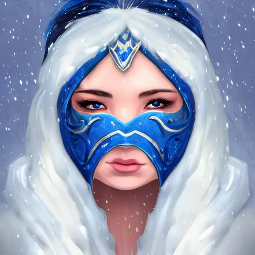 Image similar to bandit from ‘ icewind dale ’ and ‘ icewind dale heart of winter ’, with a frost blue gem mask lined with copper, ‘ icewind dale 2 ’ profile portrait by ‘ justin sweet ’, perfect face, pretty face, falling snow, soft focus, illustration, oil paint,