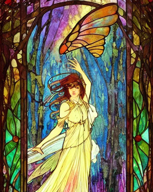 Prompt: fairy with stained glass wings in an enchanted forest. muted colors, rainbow, complementary colors, painterly, book illustration watercolor granular splatter dripping paper texture, alphonse mucha style, john william waterhouse style, perfect symmetry, magical, golden ratio