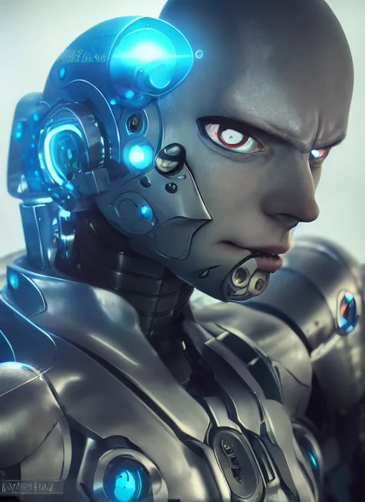 Image similar to Realistic Cyborg One Punch Man with blue eyes, futuristic city, artistic pose, light atmosphere, cinematic shot, intricate, ornate, photorealistic, ultra detailed, realistic, 100mm, photography, octane, high definition, depth of field, bokeh, 8k, artstation