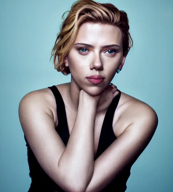 Image similar to beautiful portrait photo of Scarlett Johansson:: symmetric face, symmetric eyes, slight smile, photo by Annie Leibovitz, 85mm, teal studio backdrop, Getty images