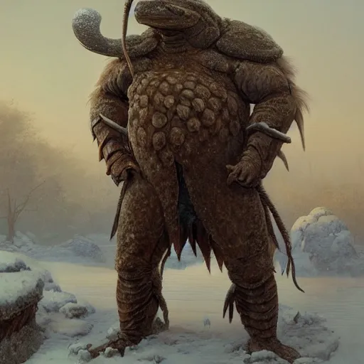 Prompt: anthropomorphic snappingturtle humanoid with large shell, greg rutkowski, barbarian, tim hildebrandt, winter, ice, snow, fur jacket, battlehammer, wayne barlowe, tall, menacing, fantasy