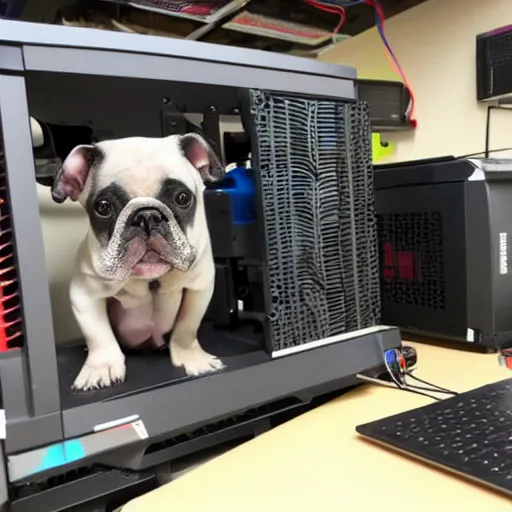 Prompt: a french bull dog working on building his own computer at work