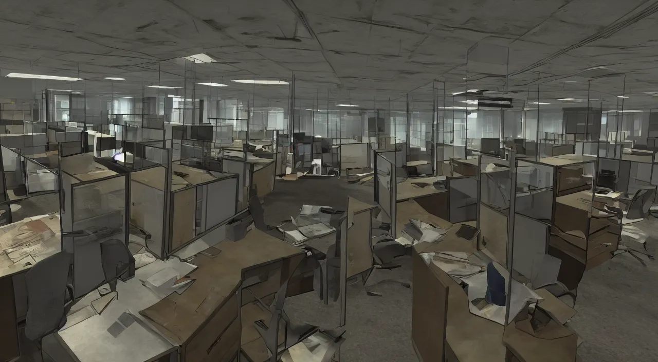 Prompt: An office at 3AM with multiple cubicles and a window that provides a view of the city, Source Engine, Gmod, Half Life 2, Bioshock, Outlast