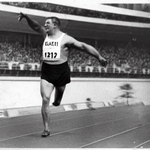 Prompt: peter griffin winning gold for hungary in the 1 9 3 8 berlin olympics, shotput medalist, black - and - white photograph