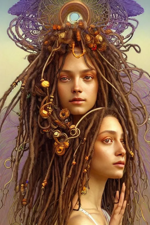 Prompt: angels that look like hippies with dreadlocks forming together moebius strip. fantasy, amber eyes, face, long hair, intricate, elegant, highly detailed, digital painting, artstation, concept art, smooth, sharp focus, illustration, art by artgerm and greg rutkowski and alphonse mucha