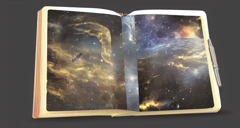 Image similar to a majestic and mystifying book about space travel, moleskin book, relic, knowledge, wisdom, secrets, travel guide, space tourism, hard cover book, adventure, hyper realistic, realistic, 8 k render, unreal engine 5 render