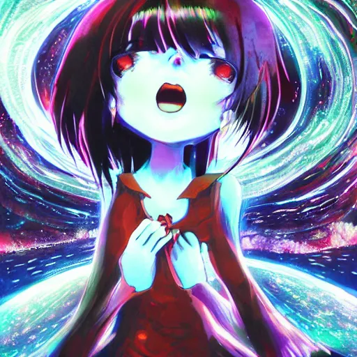 Prompt: gothic scream anime girl, night time, fire flies, epic, surreal atmosphere, nebula, award winning, 8 k, extremely detailed,