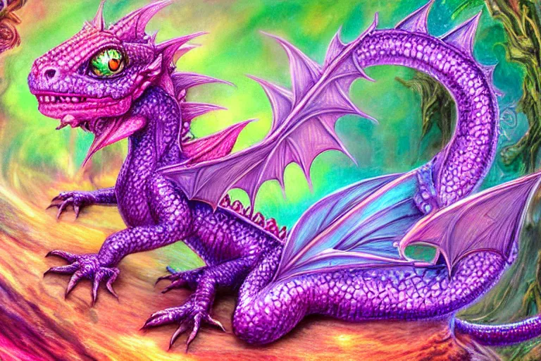 Image similar to full body digital illustration of a cute iridescent magenta baby dragon by Josephine Wall, concept art, matte background, deviantArt, artstation