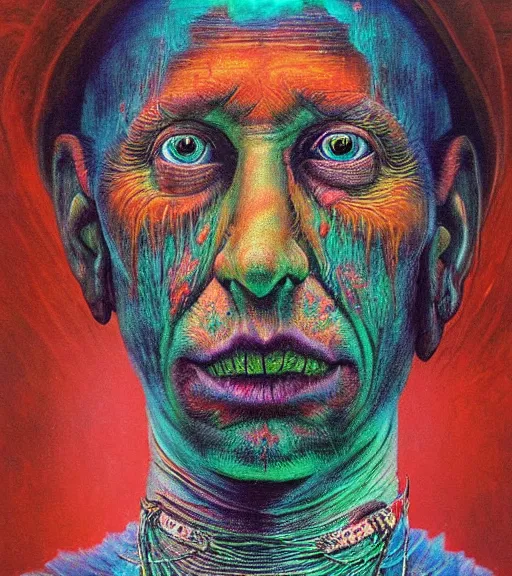 Image similar to Portrait painting in a style of Beksinski mixed with Alex Grey of an old shaman dressed in a colorful traditional clothes. Symmetry