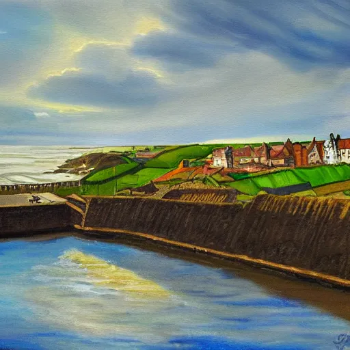 Prompt: happy landscape painting of whitby on a sunny day, god rays, photography, painterly