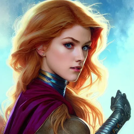 Image similar to Katherine McNamara as Super Girl, western, D&D, fantasy, intricate, elegant, highly detailed, digital painting, artstation, concept art, matte, sharp focus, illustration, art by Artgerm and Greg Rutkowski and Alphonse Mucha