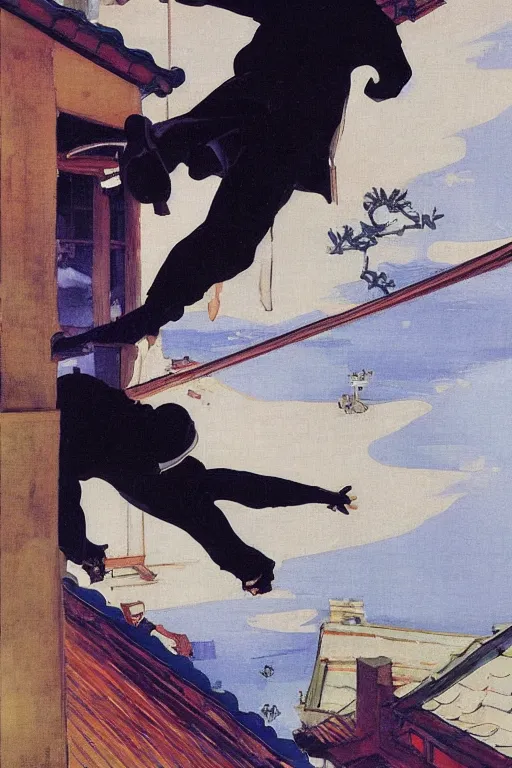 Image similar to a ninja jumping from the roof at night by joaquin sorolla, syd mead, hokusai