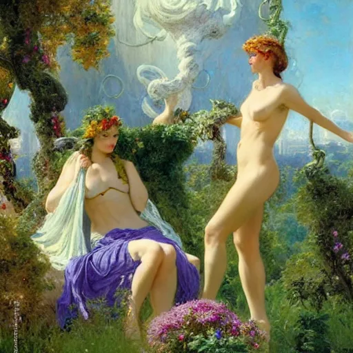 Image similar to athena and medusa frolic in a meadow of beautiful flowers, large topiary and marble pillars in the background, painting by gaston bussiere, craig mullins, j. c. leyendecker, tom of finland