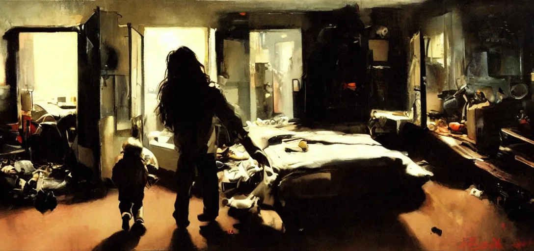 Image similar to a kid entering in a hoarder's room, dark atmosphere. by phil hale