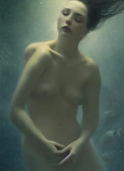 Prompt: underwater and dreaming, back lighting, murky cloudy windy by jeremy lipkin, jesper ejsing, dino valls, rule of thirds, seductive look, beautiful