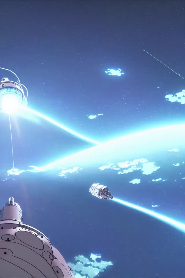 Image similar to a spacecraft moving towards earth by moebius and makoto shinkai, cinematic composition, wide shot