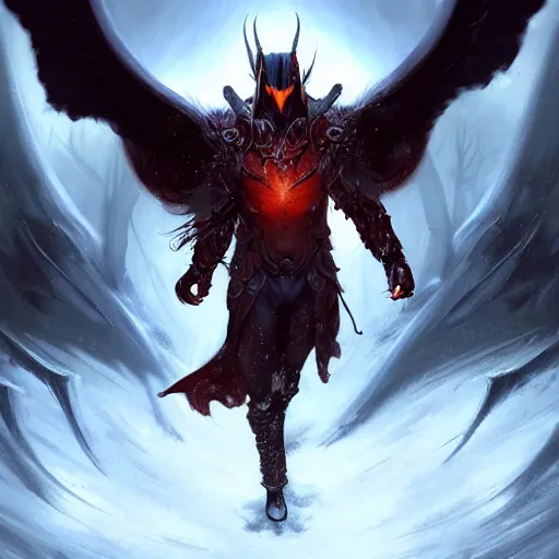 Prompt: a male cambion with batlike wings unfurled, stepping into a snowy clearing through a circular, fiery magical portal from hell, fantasy art by raymond swanland