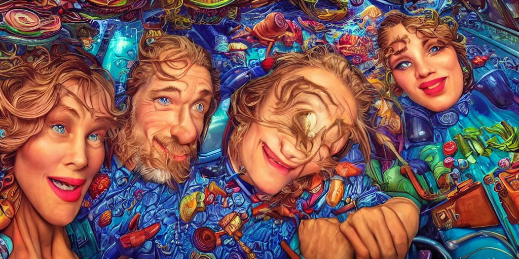 Prompt: detailed colourful masterpiece of photography couple portrait sat down extreme closeup, in the inside of the beautiful underwater train to atlantis, detailed realistic expressions, wearing unusual clothes, by greg hildebrandt